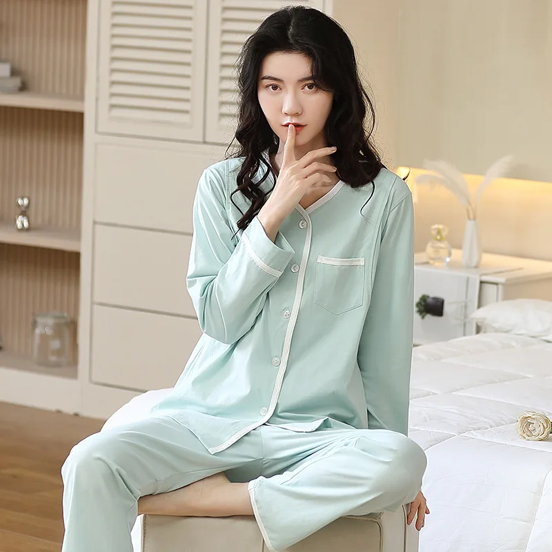 Pajamas for Women's Spring and Summer Pure Cotton Long-sleeved Trousers V-neck Sweet and Fresh Style Home Service Suit Sleepwear