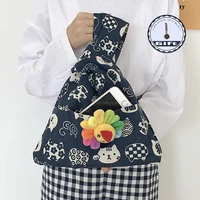 portable knot wrist bag ladies chic pattern bag simple purse tote bag cotton linen storage cosmetic bag ladies phone key case