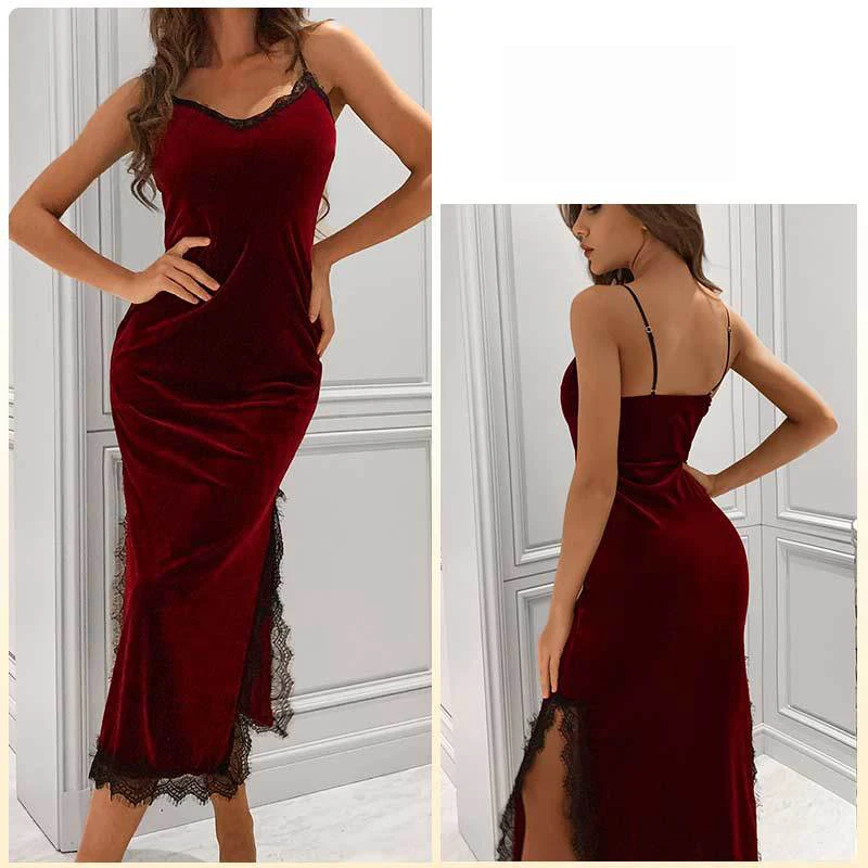 Backless Night Dress Women Autumn Winter Deep V Neck Female Long Sling Lingerie Sexy Nightwear and Hot Velvet Lace Sleepwear
