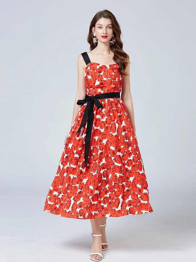 Women's Spaghetti Strap Backless Zipper Bow Tie Belt Waist Rose Print Pleated Midi Vestidos Summer Holiday Red Flower Dress