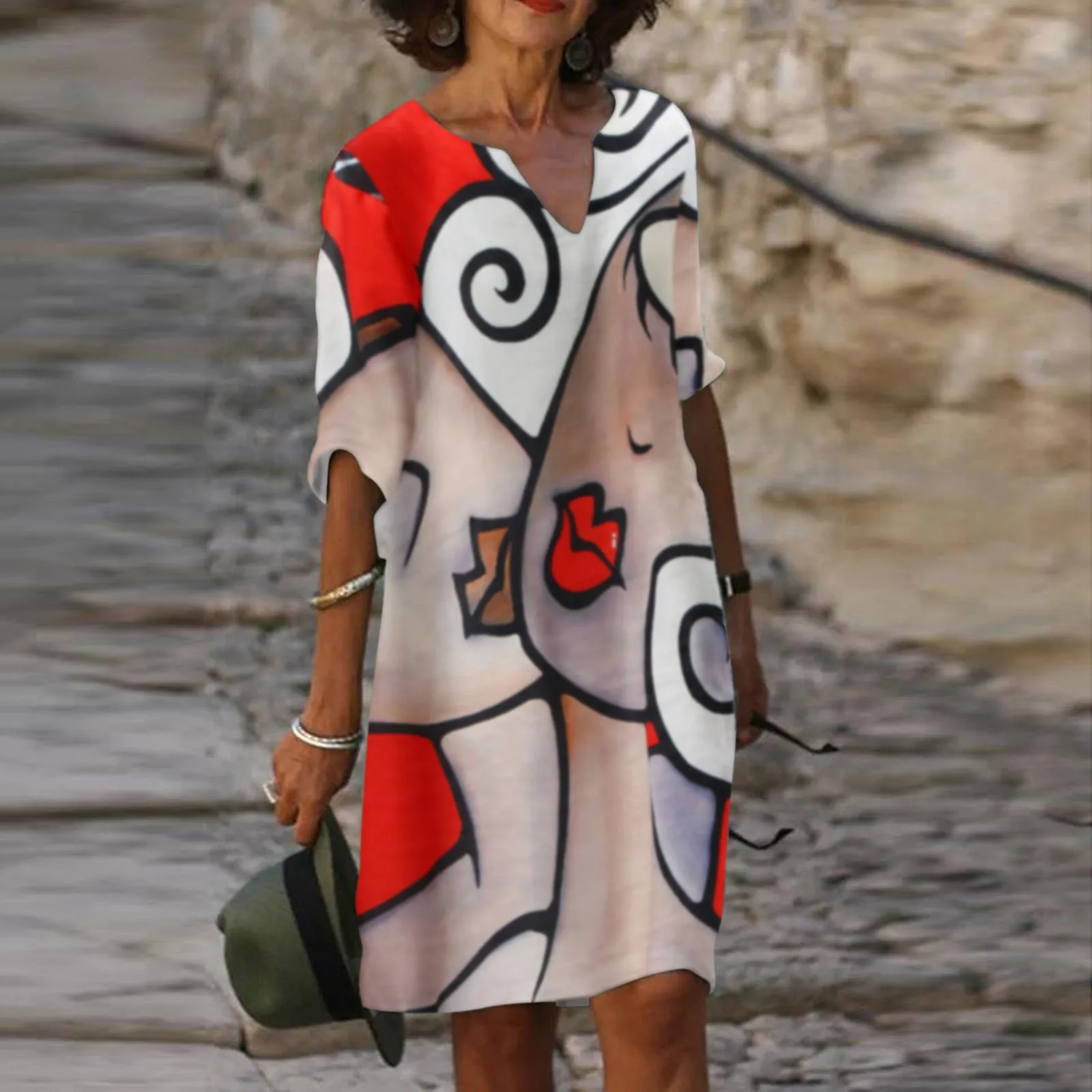 

Midi Dresses with Pockets Women Half Sleeve V Neck Sexy Dress Dresses Print Knee Length Sundress Midi Ladies Causal Dresses