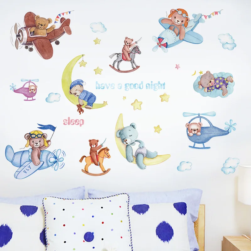 

Happy Sailing Good Night Bear Wall Posters for Children's Room Hallway Cabinet Wardrobe Classroom Decorations Wall Stickers