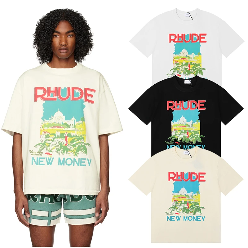 

Rhude letters logo Print Castle Coconut Tree T-shirt 23SS Women Men High Quality Oversized T Shirt Top Tees Best Quality