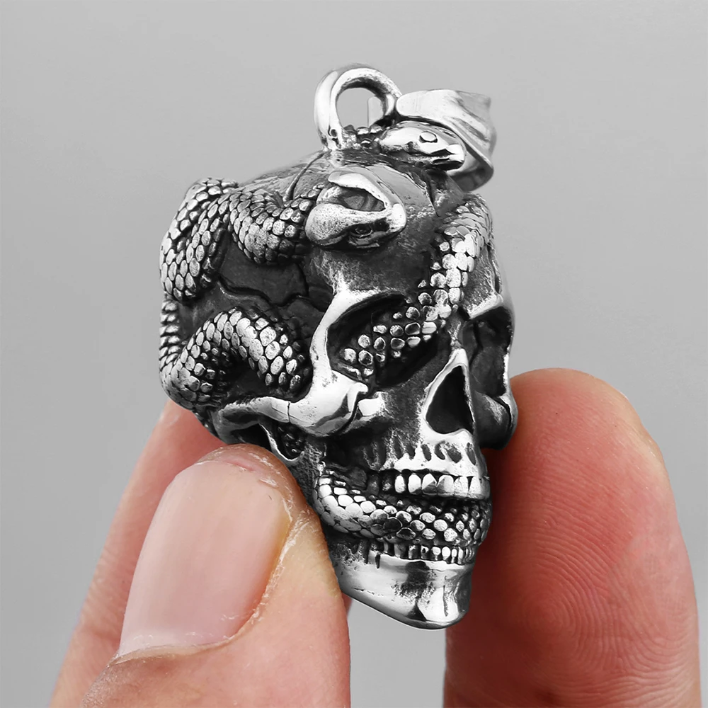 

Gothic Snake Wrapped Skull Pendant Necklace Men Women Fashion Biker Stainless Steel Skull Snake Necklace Punk Jewelry Gift
