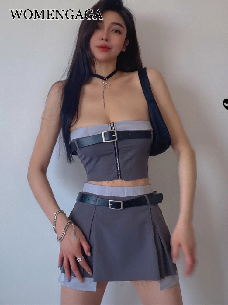 

2022 Fashion Summer Sexy Hot Girl Tight Belt Strapless Skirt Suit Tank Tops Hot Sexy Korean Women Set 2022 Summer 6I4Z XAYO