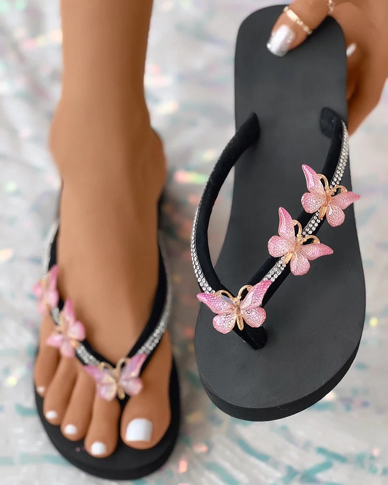 Women Summer Shoes Flat Beach Wear Vacation Homewear Butterfly Pattern Toe Post Flip Flops Sandals