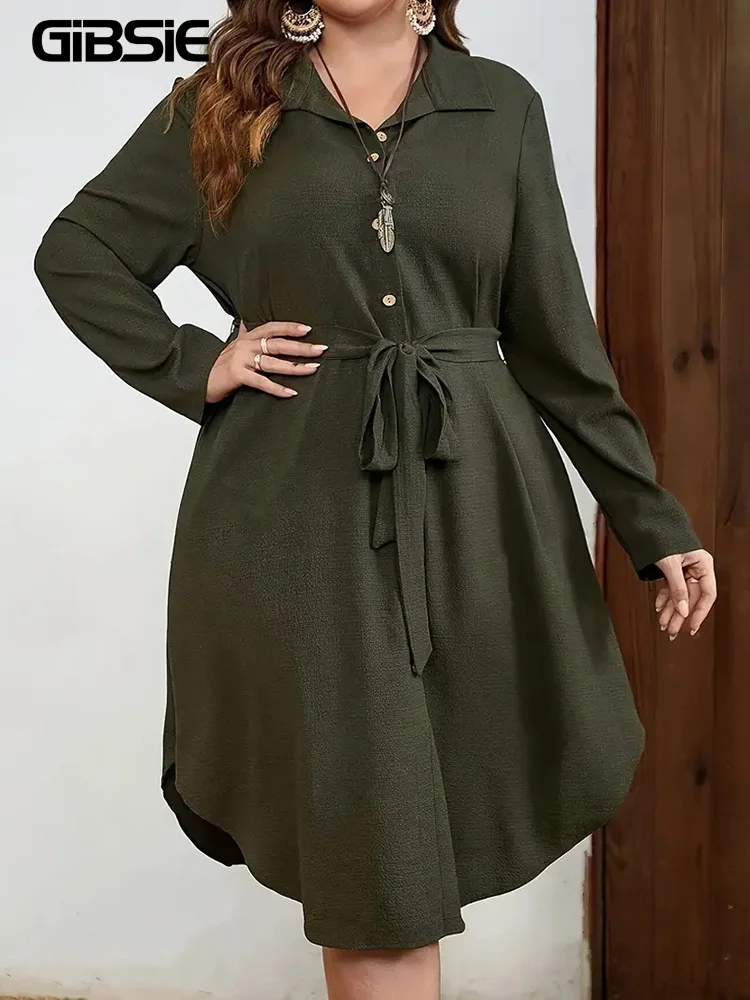 GIBSIE плюс размер 2024 осеннее новое свободное платье-рубашка с поясом женское