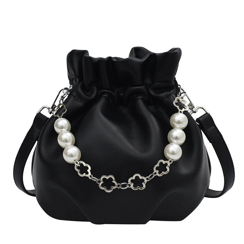 

Fashion Women PU Leather Small Shoulder Bag with Pearl Chain for Women 2022 Summer Handbag and Purses Folds Crossbody Bag