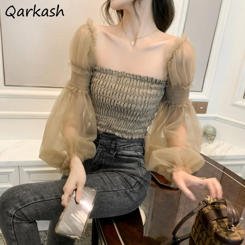 

Mesh Sleeve Blouses for Women Slim Sexy Summer Crop Tops Slash Neck Elegant Aesthetic New Arrival Korean Style Spring Females