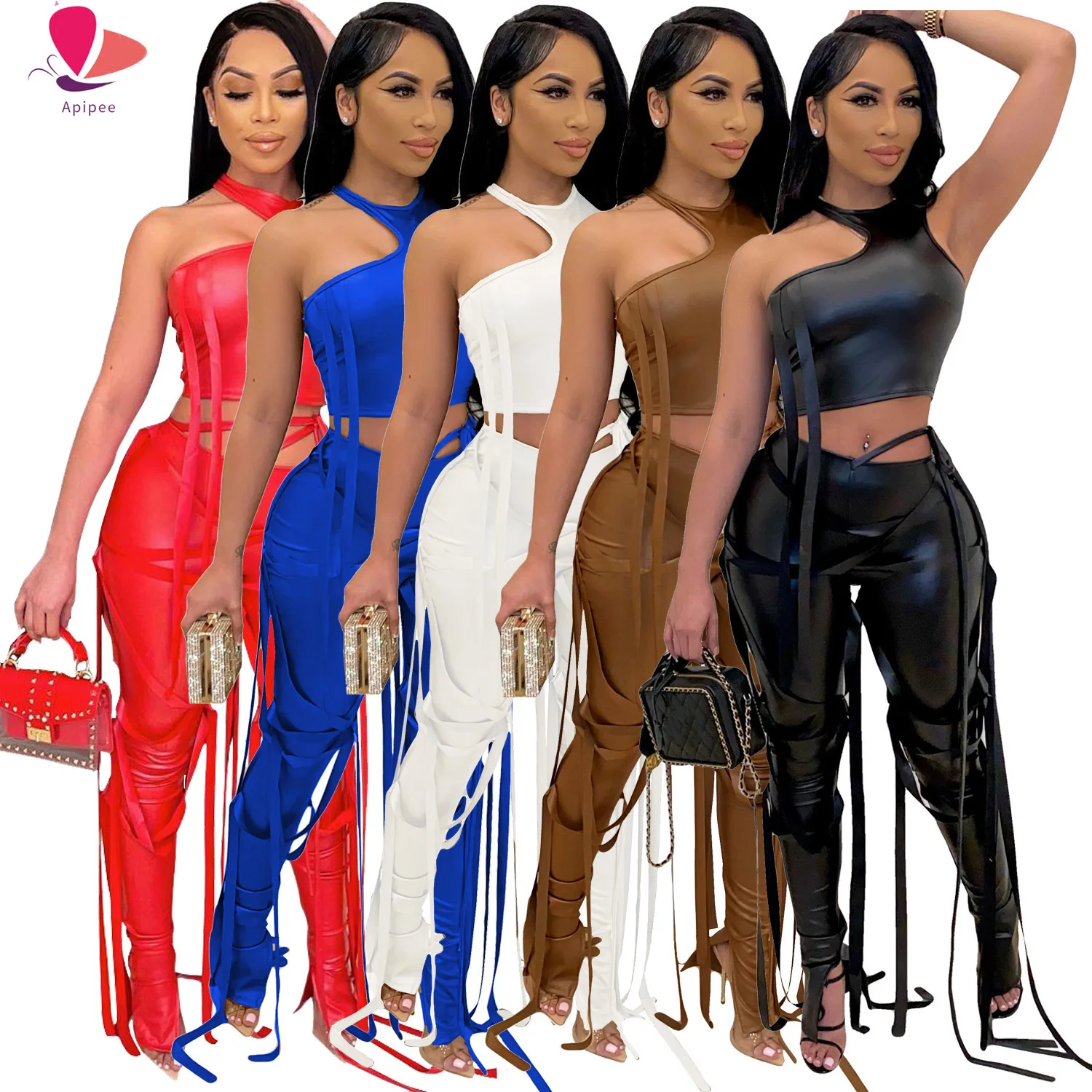 2024 PU Leather Bandage Two Piece Set Women Sexy One Shoulder Crop Top + Lace Up Slit Hem Pants Club Party 2 Outfits