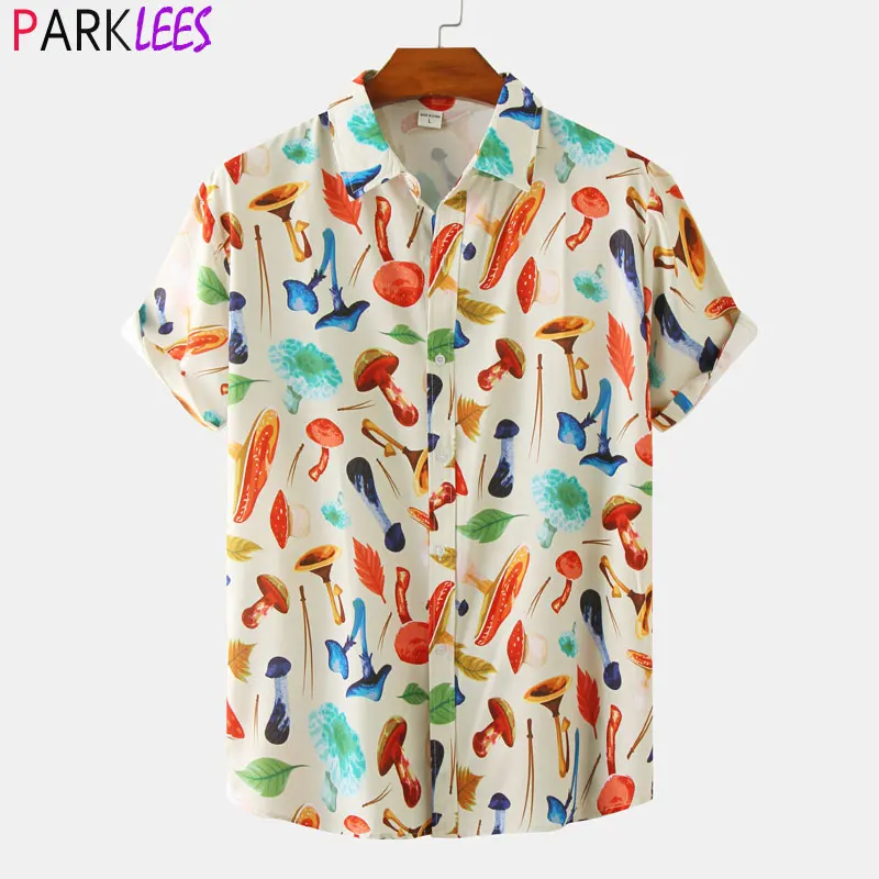 

Funky Mushroom Print Mens Hawaiian Shirts Short Sleeve Button Down Summer Beach Shirt Men Casual Tropical Aloha Party Clothing
