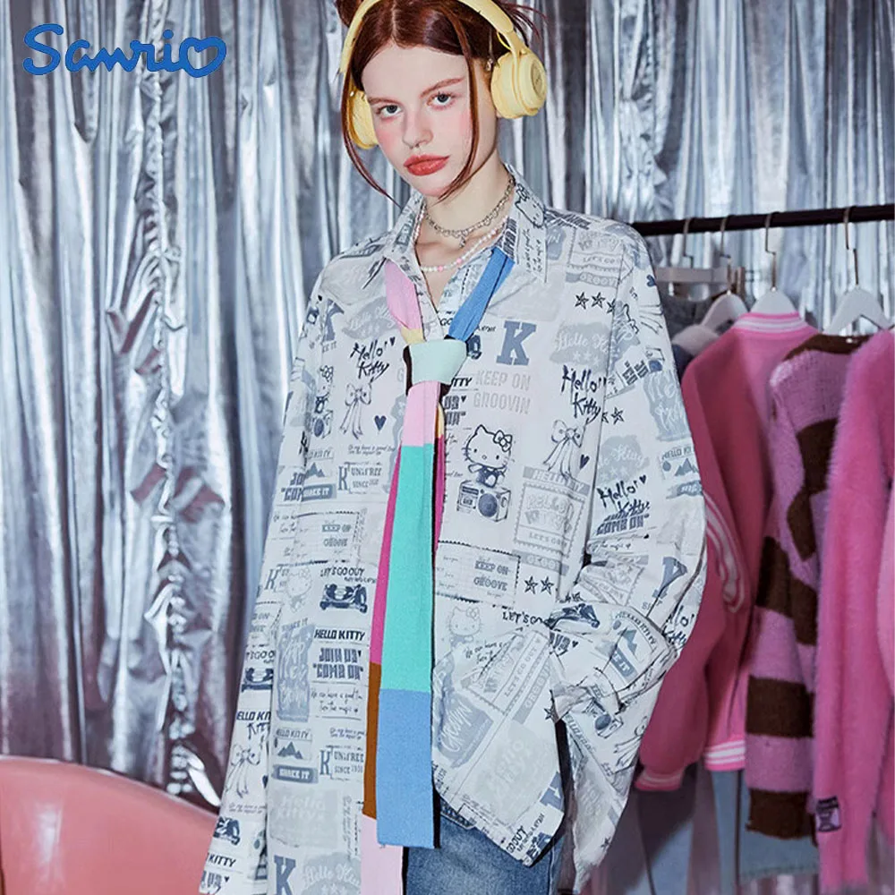 

Sanrio Hello Kitty Cartoon Shirt Long Sleeved Shirt Graffiti Full Printing Campus Cool Girl Retro Clothing Coat Skin Friendly