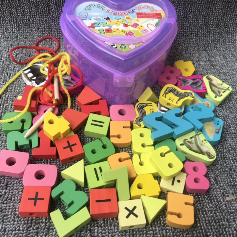 New 55pcs/Lot Baby Wooden Lacing Beads Animals Blocks Heart-shape Stringing Threading Lace Beads Box Educational Preschool Toy