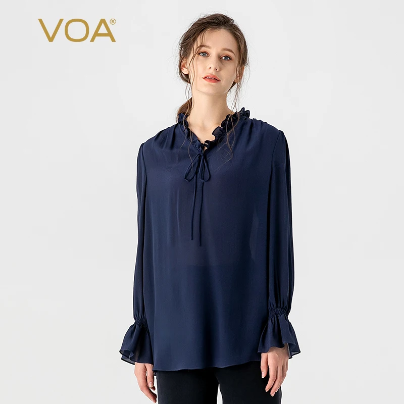 

VOA 100% Real Silk Crepe De Chine Navy Blue Ear Edge Lace Up V-neck Flare Tops Womens Long Sleeve Casual Straight T-shirt BE1322