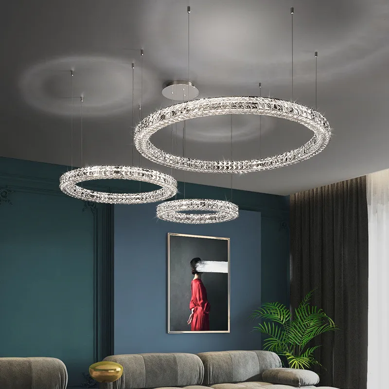 

LED Chandeliers Modern Luxury Cycles Clear Crystal Lighting Living Dining Room Lustre Chrome Steel Rings Pendant Lamp Luminaire