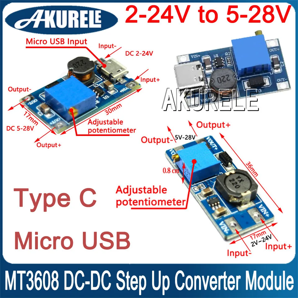 Модуль повышающего преобразователя MT3608 DC-DC, плата источника питания с 2-24 В до 5-28 В, С макс. выходным током 28 в, 2 А, Micro USB Type-C