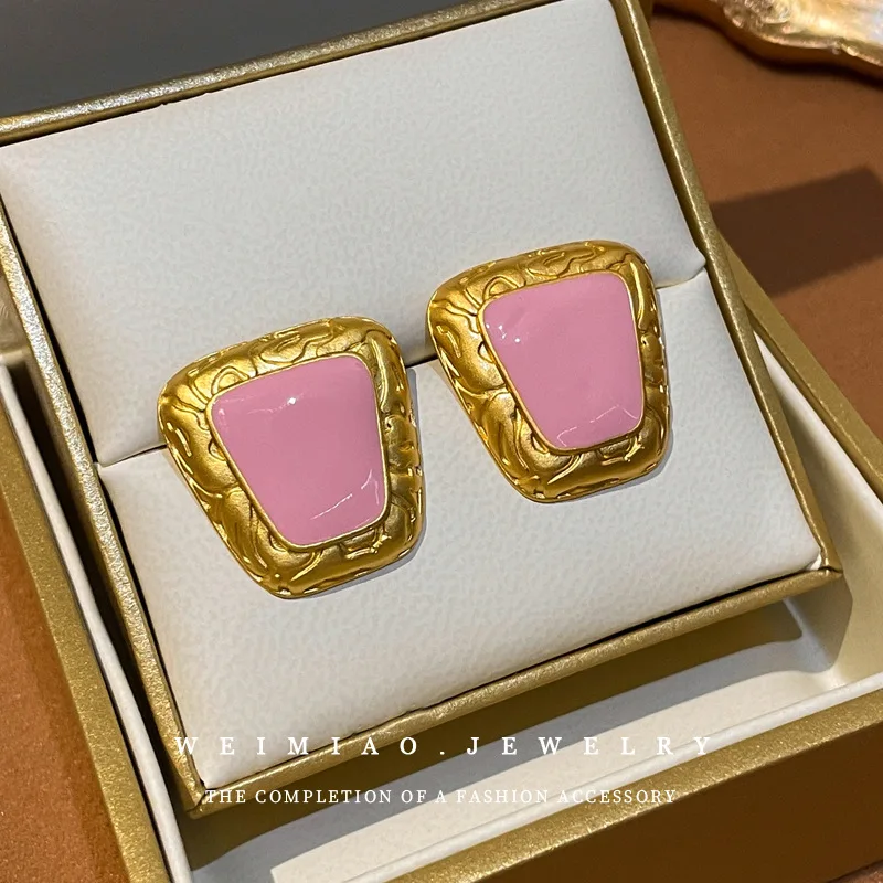 

Pink Geometric Trapezoidal Stud Earrings Fashionable All-Match Personality Trendy Earrings Mild Luxury Retro High-Grade Earrings
