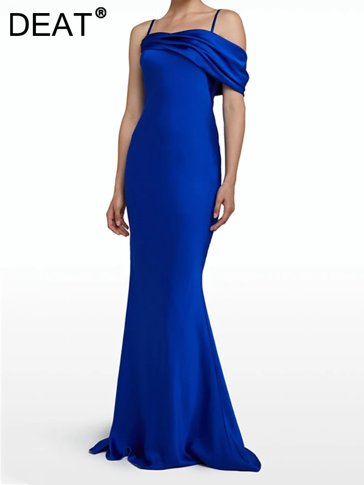 DEAT Women's Evening Dress Camisole Sleeveless Patchwork Zipper Slim Backless Blue Fashion Dresses Summer 2023 New 13DB1470