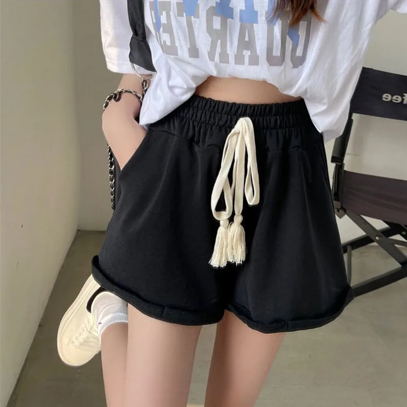 

Casual Sports Shorts for Women Summer High Waist Elastic Soild Drawsing Loose Wide Leg Beach Shorts Female Lounge Pajama Bottom