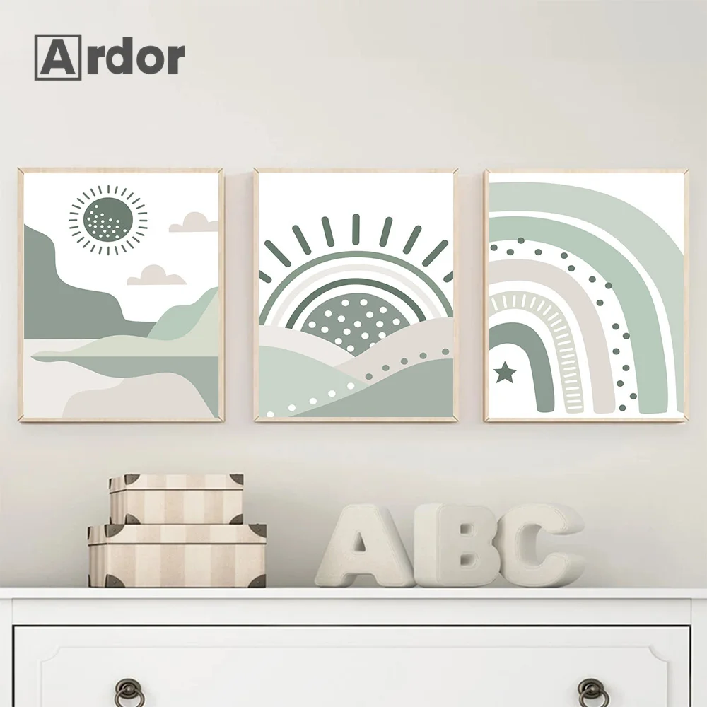 Плакат с изображением Зеленой Горы Солнце Радуга холст пятно художественные