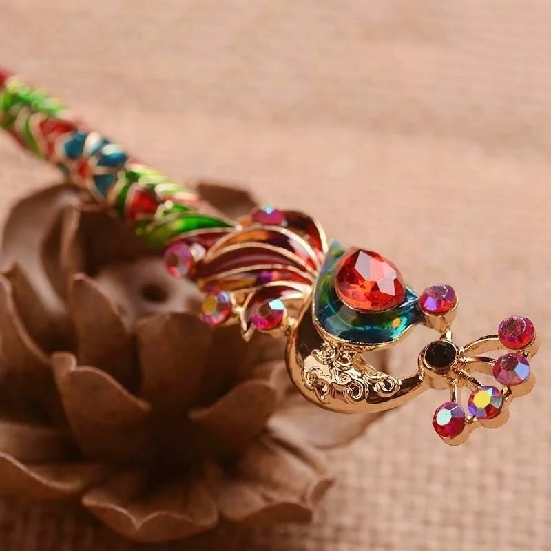 Retro Women Enamel Crystal Peacock Hair Stick Hairpin Chinese Style Handmade Accessories | Jewelry