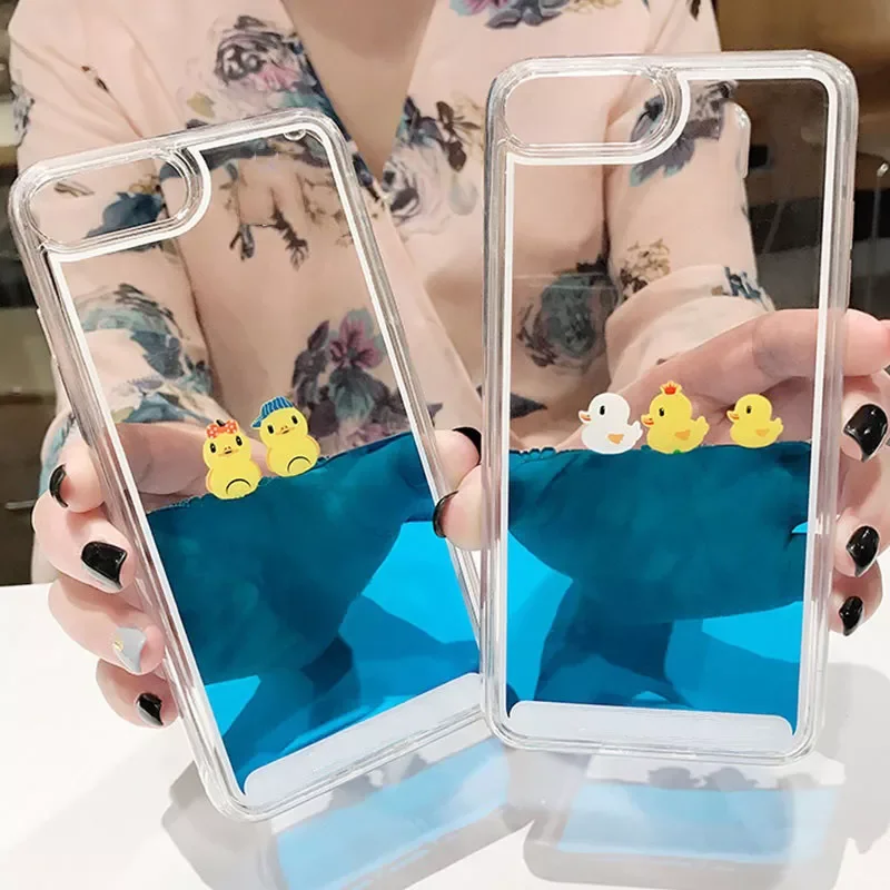 

Luxury Cartoon 3D Swimming Duck For Phone 12 11 13 Pro Max XS Animal Dynamic Liquid Quicksand Cover For Phone 6S 7 8 Plus Case