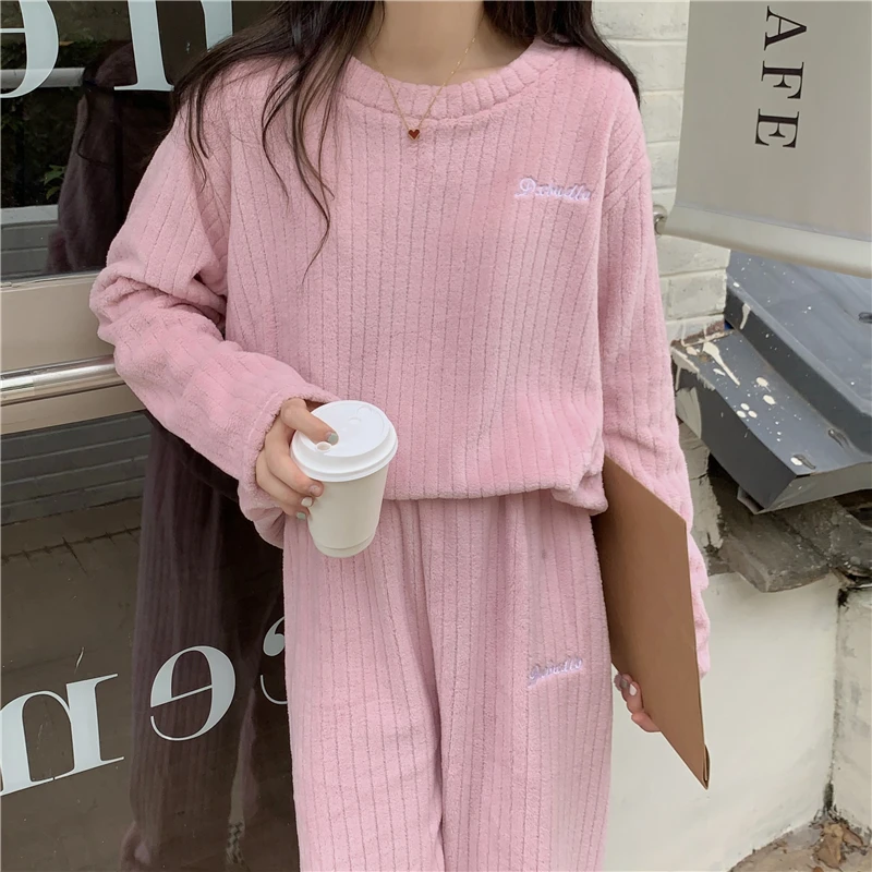 Autumn Winter Women Pajamas Coral Fleece Warm Sleepwear Solid Color Home Clothes Sets