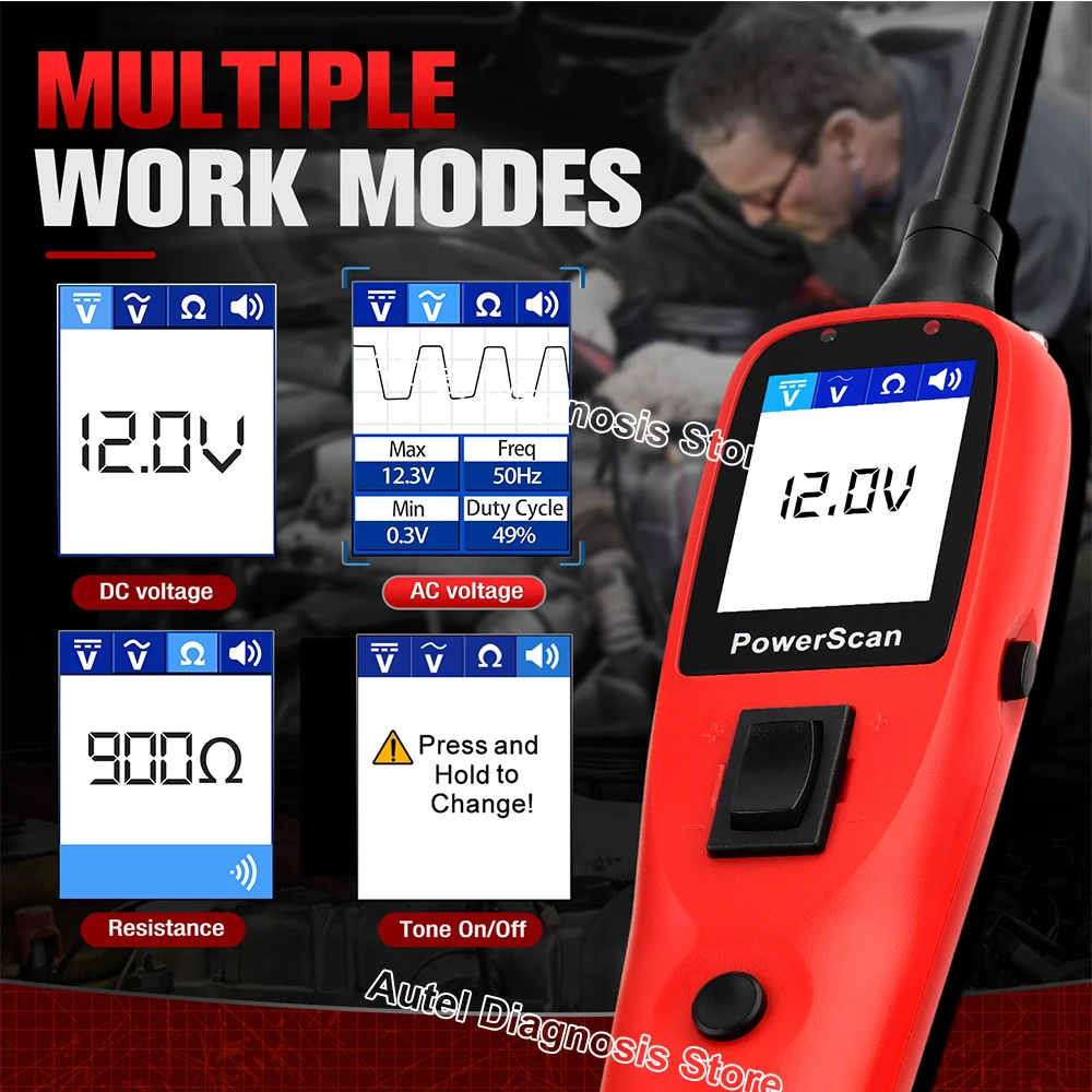 Автомобильный тестер электрических систем Autel PowerScan PS100 с встроенным фонариком и набором Power Probe.