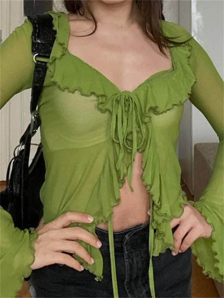 

CHRONSTYLE Ruffles Mesh See Through Shirts Tops for Women Long Flare Sleeve Front Split Lace-up Solid Summer Autumn Blouses 2023