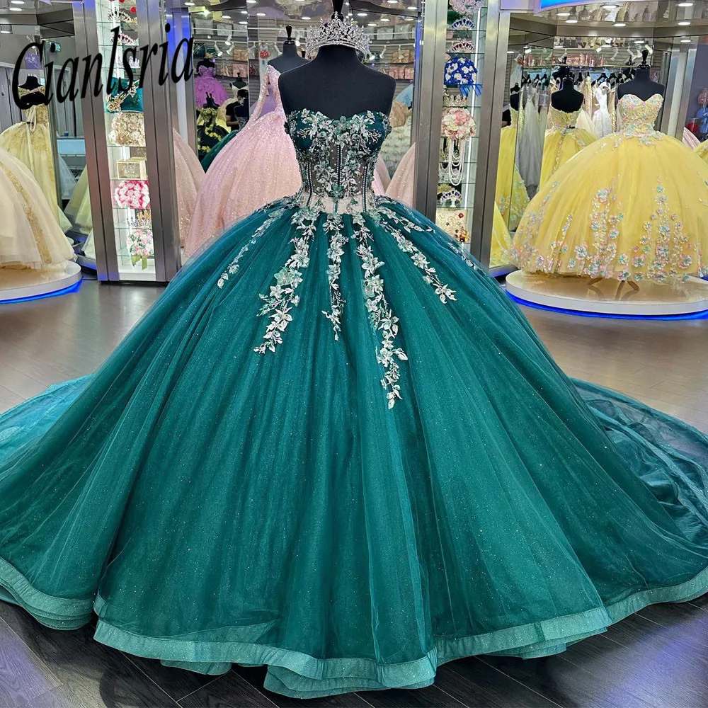 

Изумрудно-зеленый жемчуг 3D цветы платье для Quinceanera бальное платье с открытыми плечами аппликации кружевной корсет Vestido De 15 лет
