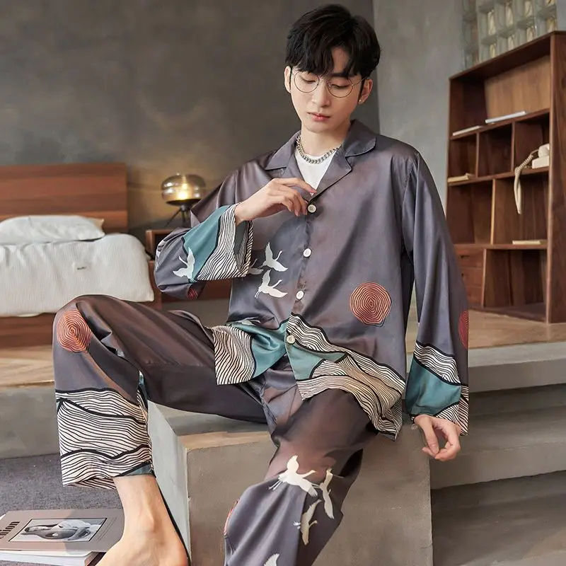 Pajamas Men's New Spring and Autumn Ice Silk Summer Long Sleeve Youth Cartoon Thin Large Homewear Set