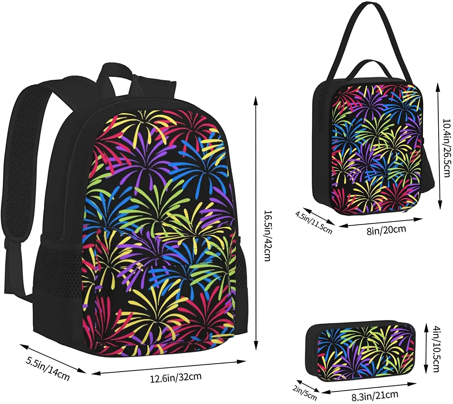 Fireworks Splash Backpack Set 3-Piece Teen Boys Girls Backpack Messenger Lunch Bag Pencil Case Set