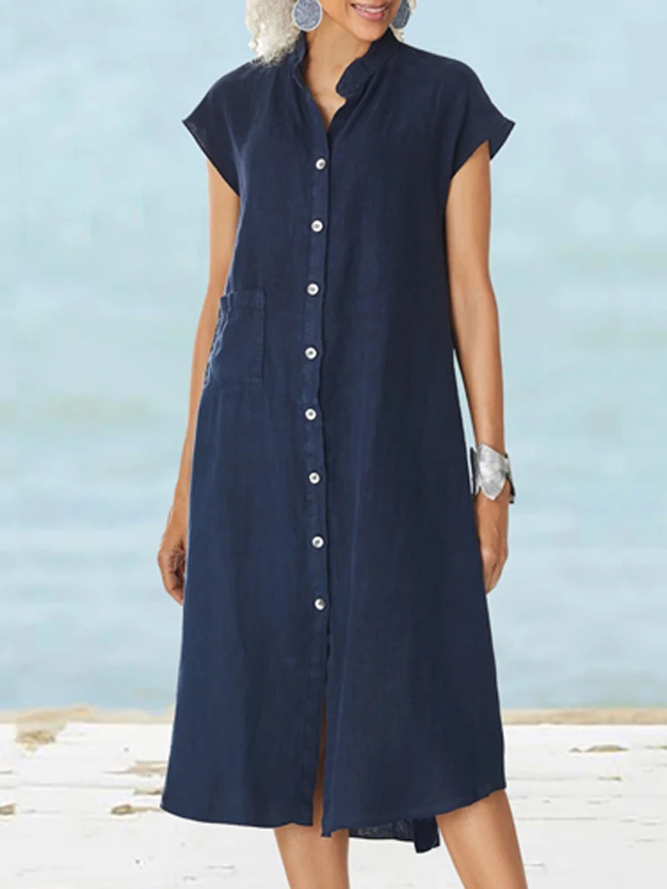 

Женское однотонное платье-рубашка с воротником-стойкой, на пуговицах, весеннее офисное длинное платье с карманами и прямым разрезом, летнее...