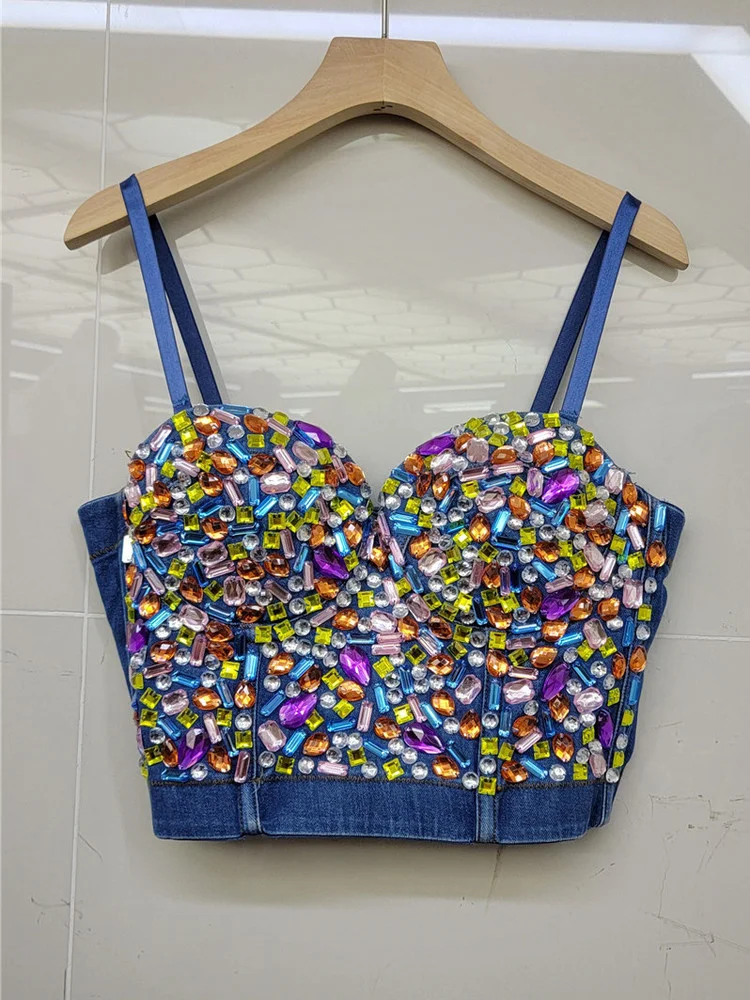 

Женский джинсовый жилет с бриллиантами на бретелях, летний модный однобортный Топ, новинка 2023, Y130