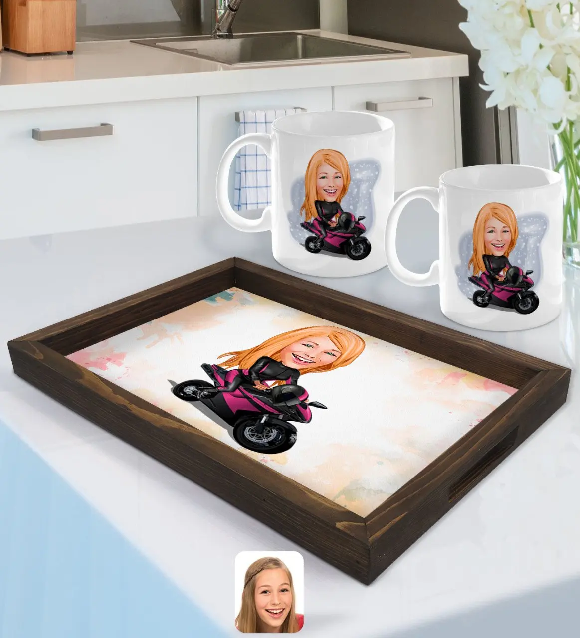 

Персонализированная Женская Байкерская карикатура поднос из натурального дерева и 2gang Cup Seti-1