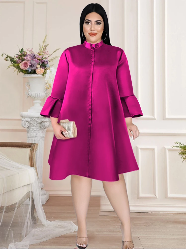 A Line Shirt Dress Plus Size Women Loose Flare Sleeves Knee Length Robes Green Rose Casual Fashion Lady Classy Gowns 2023 Summer