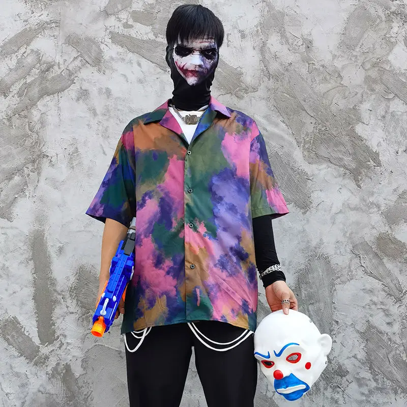 

2023 Men's Shirt High Street Short Sleeve Shirt Retro Y2K Oil Painting Print Hip Hop Half Sleeve Cardigan Jacket
