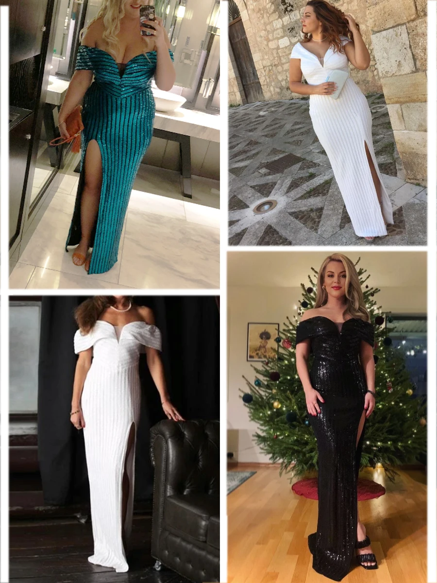 Missord Women 2022 Off the Shoulder Sequin Wedding White Dress Backless Maxi Slash Neck Summer High Split Evening Party Dresses - купить по