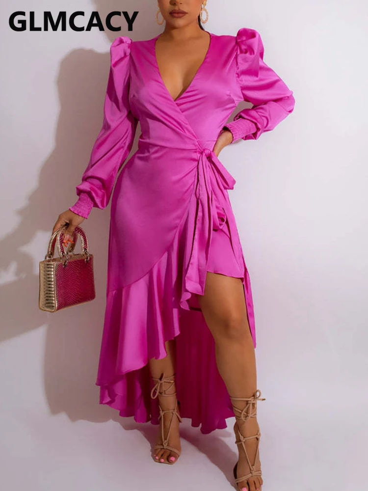 

Women Long Sleeve V Neck Satin Dress Elegant Party Dress