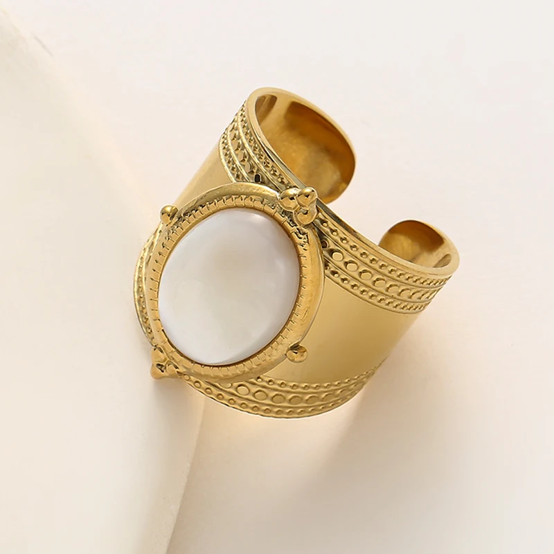 

Wide Natural Stone Inlay Opening Rings for Women Girls Golden Stainless Steel Engagement Wedding Ring Trendy Jewelry Accessories