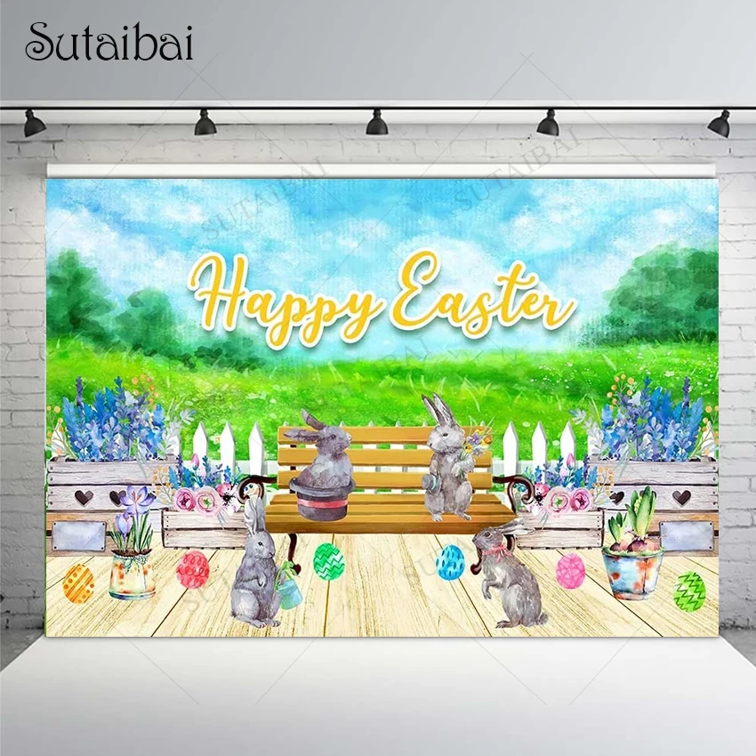 

Bunny Party Backdrop Easter Decoration Wooden Floor Egg Green Grass Photo Spring Garden Scenery Baby Birthday Shower Decor Props