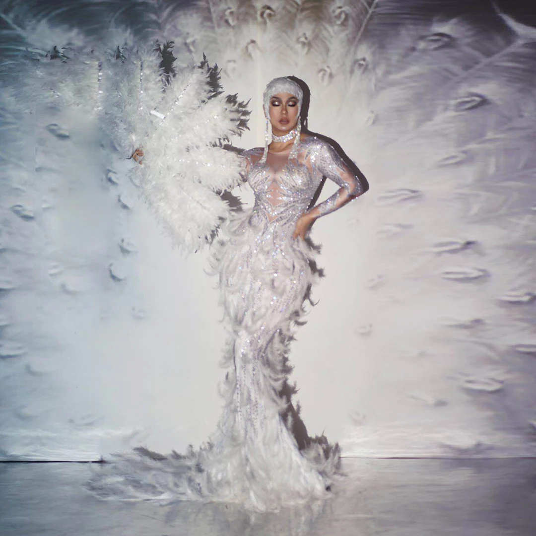 

Fashion Sparkly Rhinestones Feather Dress Sexy Full Stones Long Tail Dresses Costume Prom Birthday Celebrate Dresses for Wedding