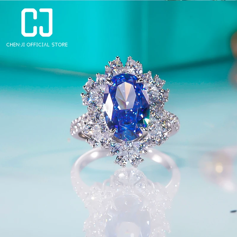 

CHENJI European And American Vintage Flourishing Sapphire Diamond Ring Luxury Pigeon Egg Wedding Ring For Girlfriend