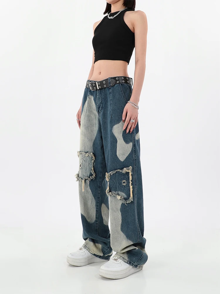 

Women's Jeans High Waist Tie-dyed Design Fashion Streetwear Hip Hop Straight Pants Baggy Vintage Female Wide Leg Denim Trouser