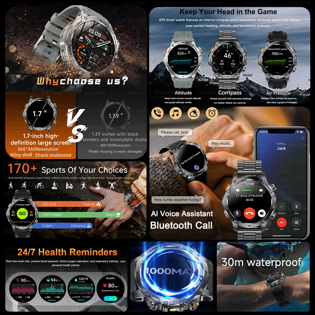 Фото 2025 Новые военные аккумуляторы 1000 мАч HD AMOLED-экран Смарт-часы Мужские спортивные фитнес-светодиодные фонарики 5ATM Водонепроницаемые умные часы с вызовом №2