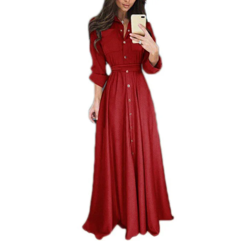 

Maxi Dress2019Autumn New European and American Style Solid Color Single-Breasted Blouse Collar Dress Long Dress Dress Dress RESS