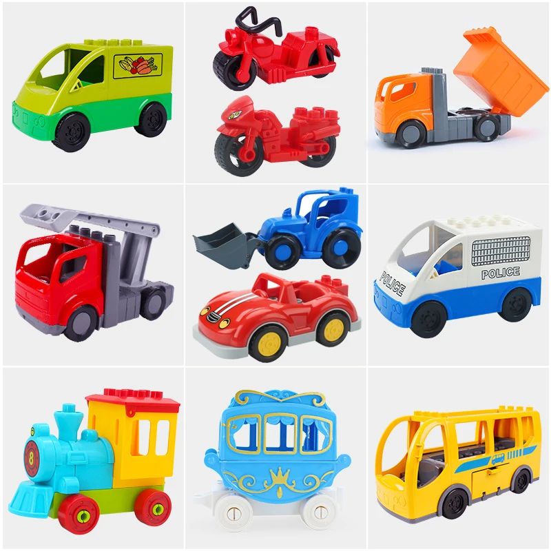 

Большой конструктор, мультяшный автомобиль, мотоцикл, трейлер для хлеба, автобус, поезд, модель, аксессуары, совместимый кирпич, детский под...