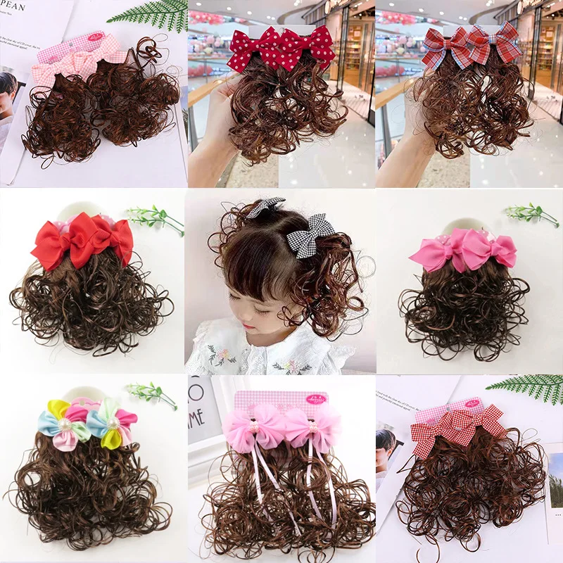 

2023 New Children's Wig Girl Baby Long Hair Girl Bow Short Curly Hair Princess Hairpin Headwear