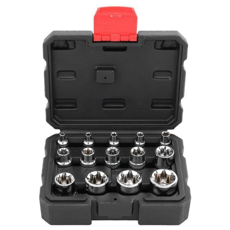 

14 Pieces Of E-Type Sleeve Bolt Extractor Set Is Used For Damaged, Freeze And Rusted Lug Nuts And Screws Easy To Use
