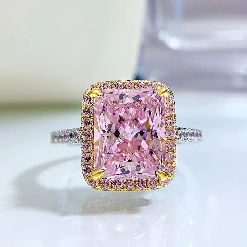 

SpringLady 925 Sterling Silver 8*10mm Pink Quartz Topaz Princess Ring for Women Gemstone Lab Diamond Wedding Fine Jewelry